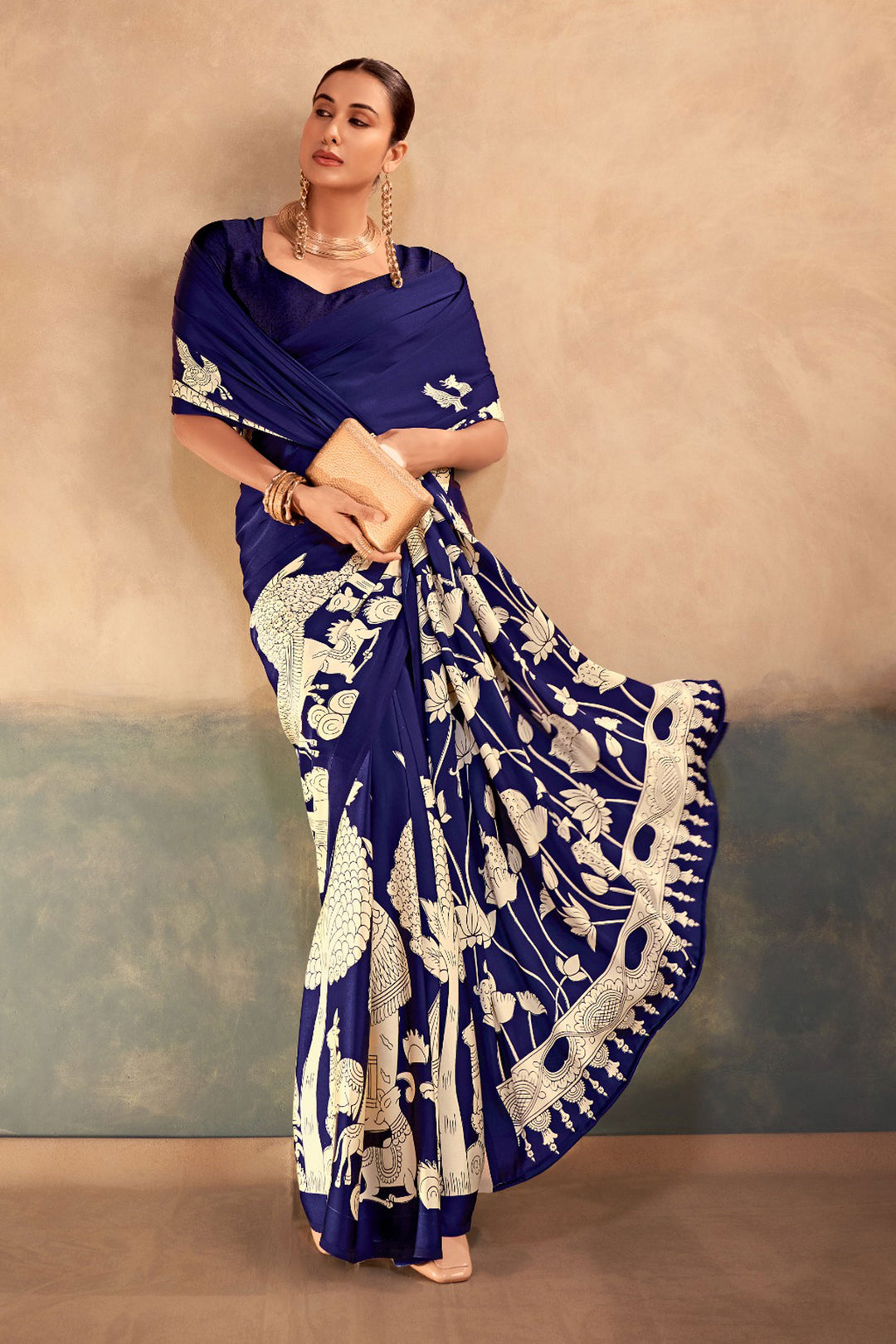 Alluring Blue Color Kalamkari Printed Satin Silk Saree | Buy Online India