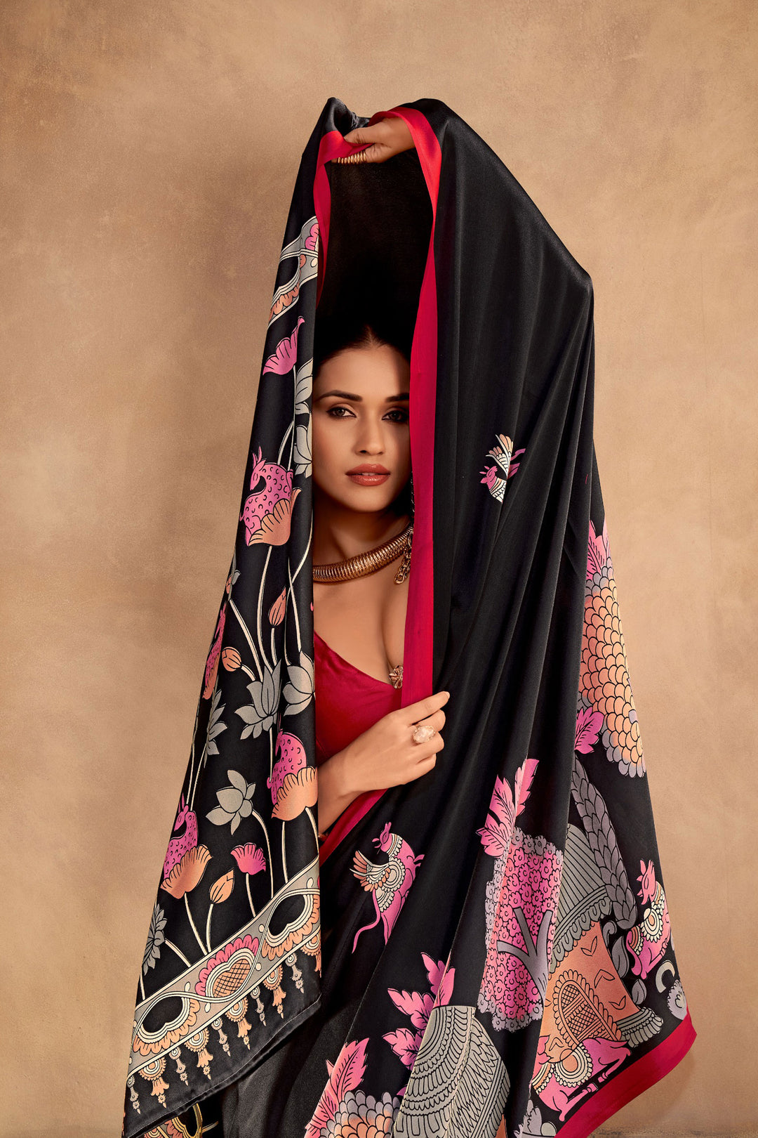 Black Color Kalamkari Printed Graceful Satin Silk Saree | Buy Online India