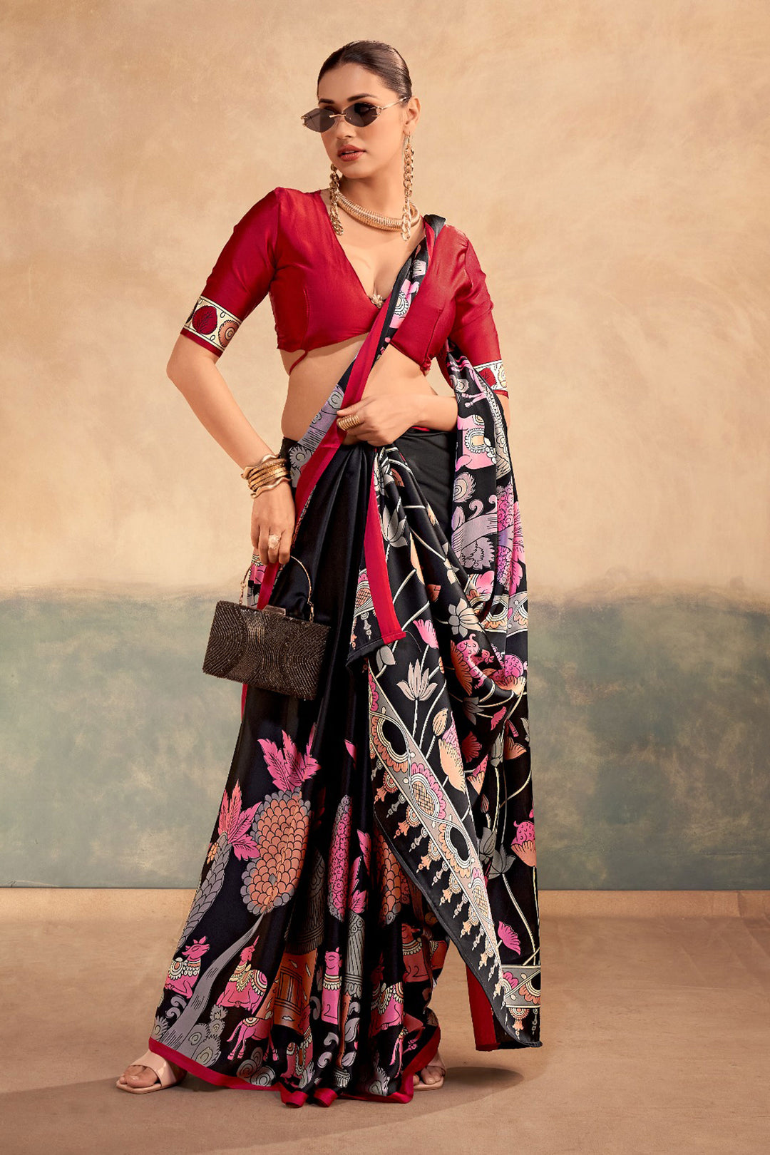 Black Color Kalamkari Printed Graceful Satin Silk Saree | Buy Online India