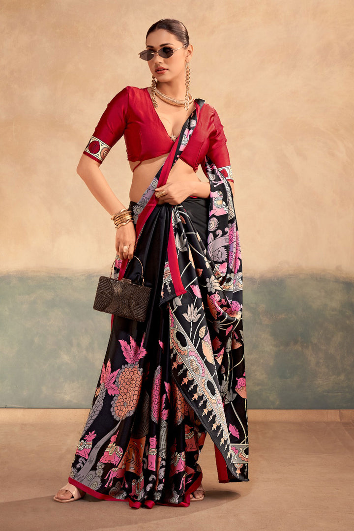 Black Color Kalamkari Printed Graceful Satin Silk Saree | Buy Online India