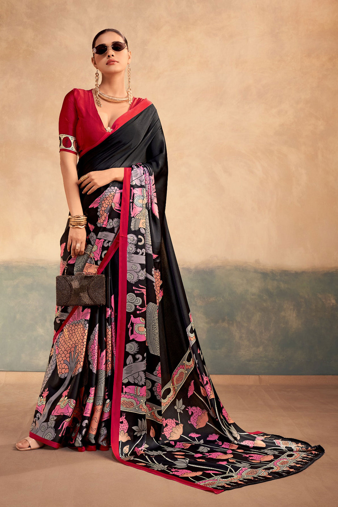Black Color Kalamkari Printed Graceful Satin Silk Saree | Buy Online India