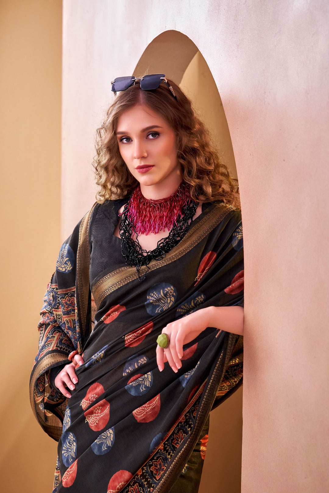 Black Color Fancy Fabric Engaging Saree With Printed Work | Buy Online India