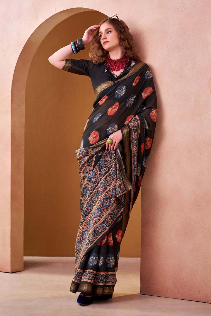Black Color Fancy Fabric Engaging Saree With Printed Work | Buy Online India