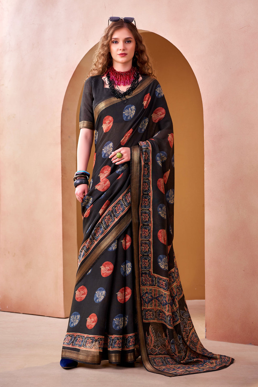Black Color Fancy Fabric Engaging Saree With Printed Work | Buy Online India