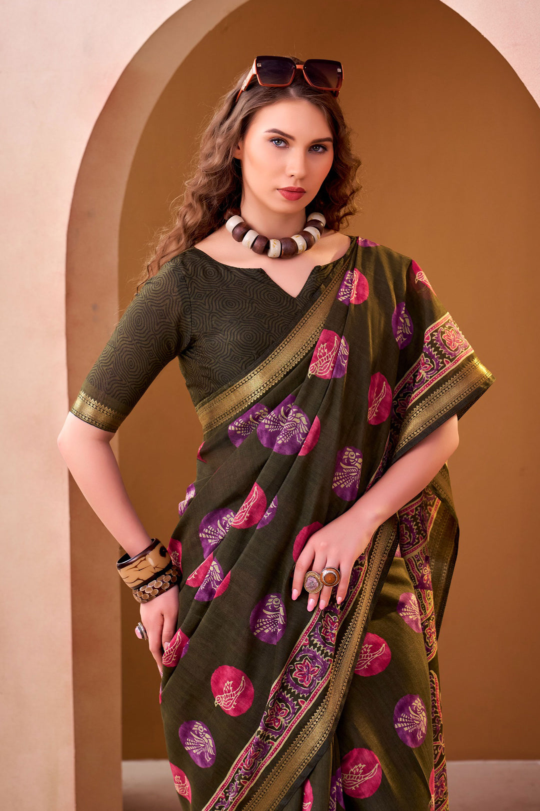 Printed Work On Mehendi Green Color Sober Saree In Fancy Fabric | Buy Online India