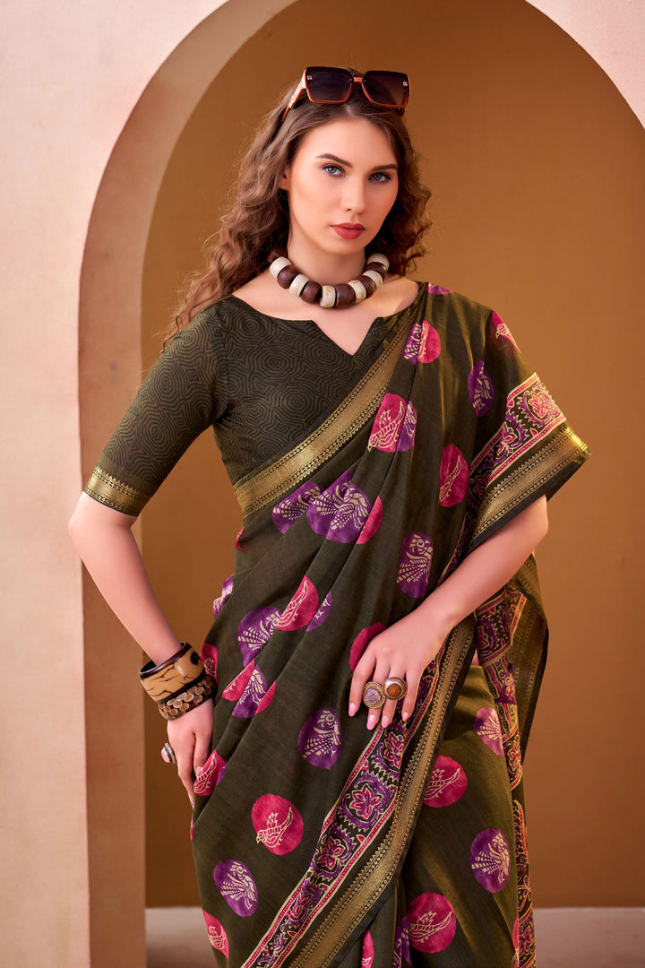 Printed Work On Mehendi Green Color Sober Saree In Fancy Fabric | Buy Online India