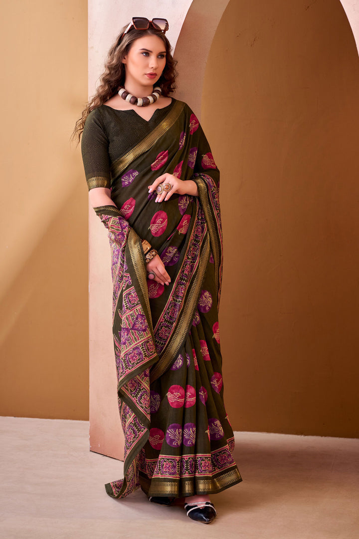 Printed Work On Mehendi Green Color Sober Saree In Fancy Fabric | Buy Online India