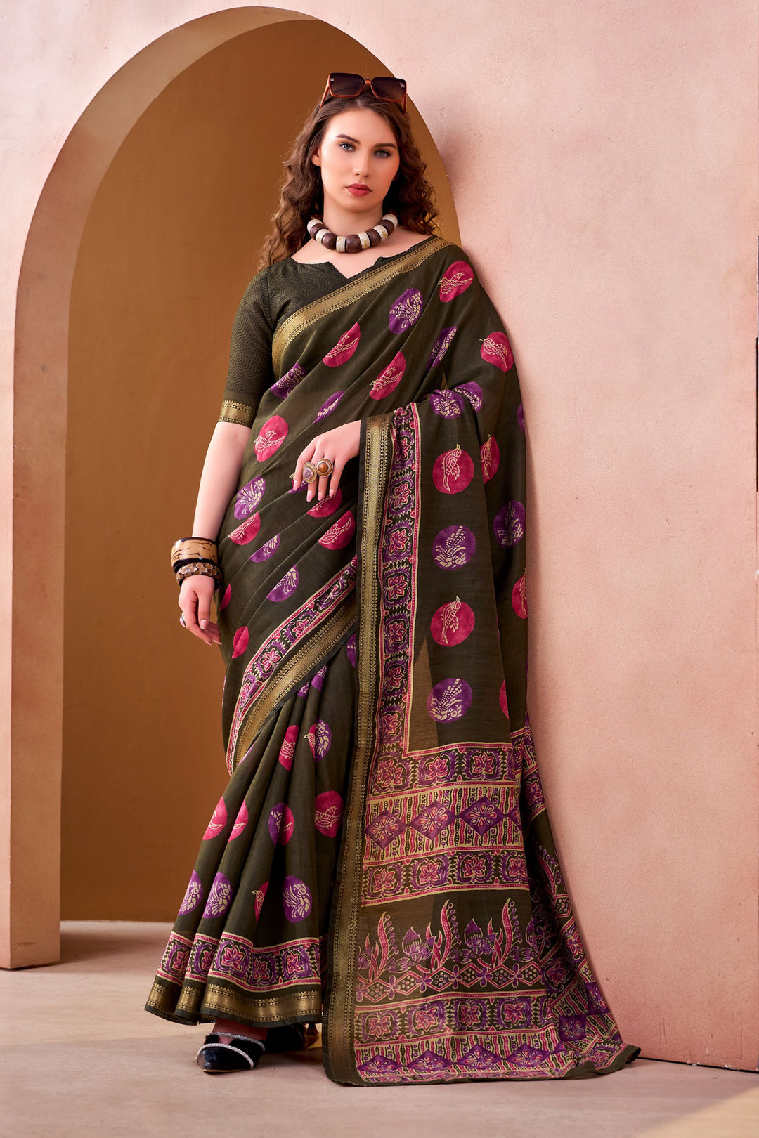 Printed Work On Mehendi Green Color Sober Saree In Fancy Fabric | Buy Online India