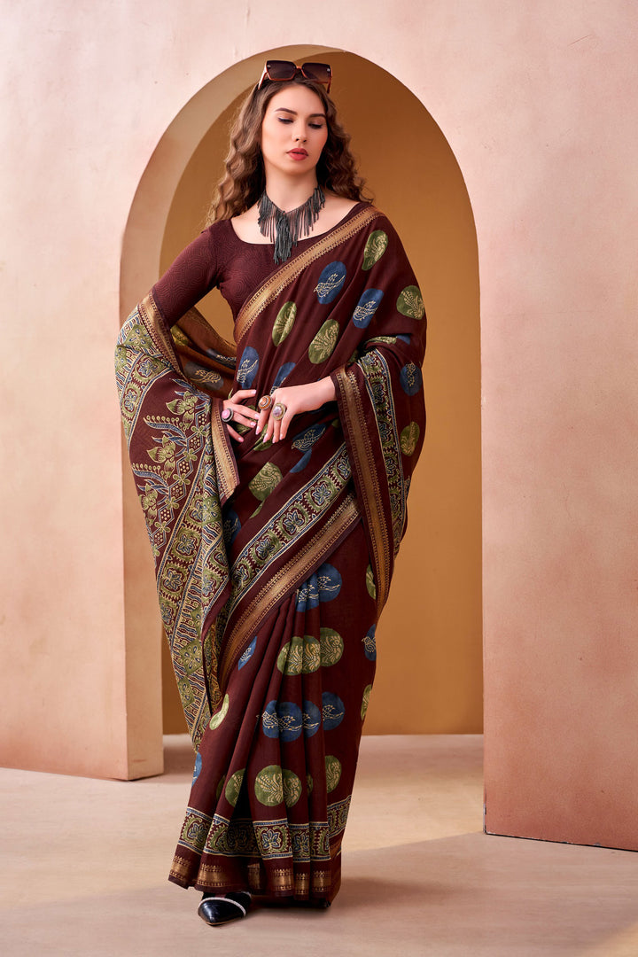 Creative Printed Work On Maroon Color Fancy Fabric Saree | Buy Online India