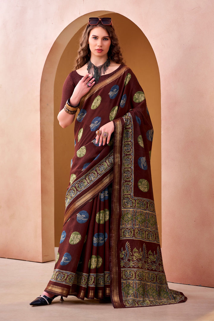 Creative Printed Work On Maroon Color Fancy Fabric Saree | Buy Online India