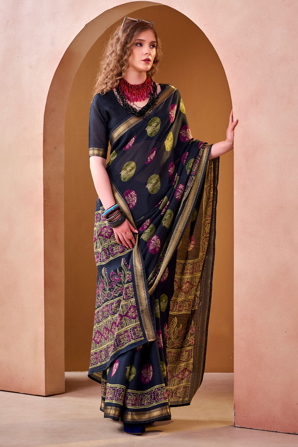 Beguiling Printed Work On Blue Color Fancy Fabric Saree | Buy Online India