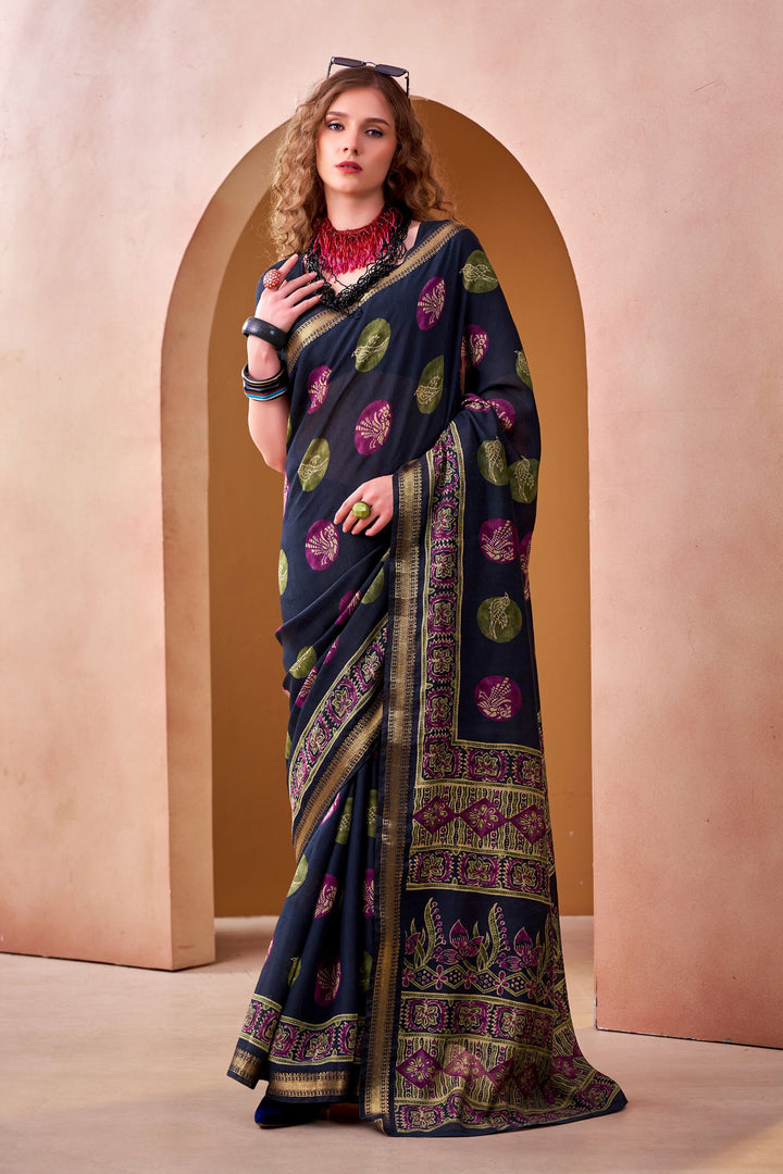 Beguiling Printed Work On Blue Color Fancy Fabric Saree | Buy Online India