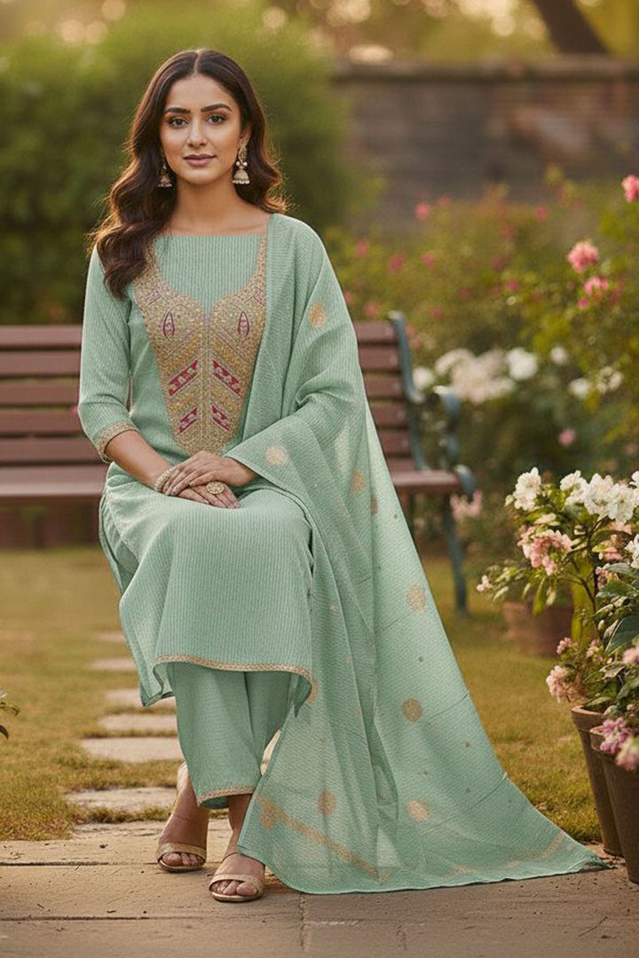Jacquard Fabric Green Color Attractive Embroidered Salwar Suit