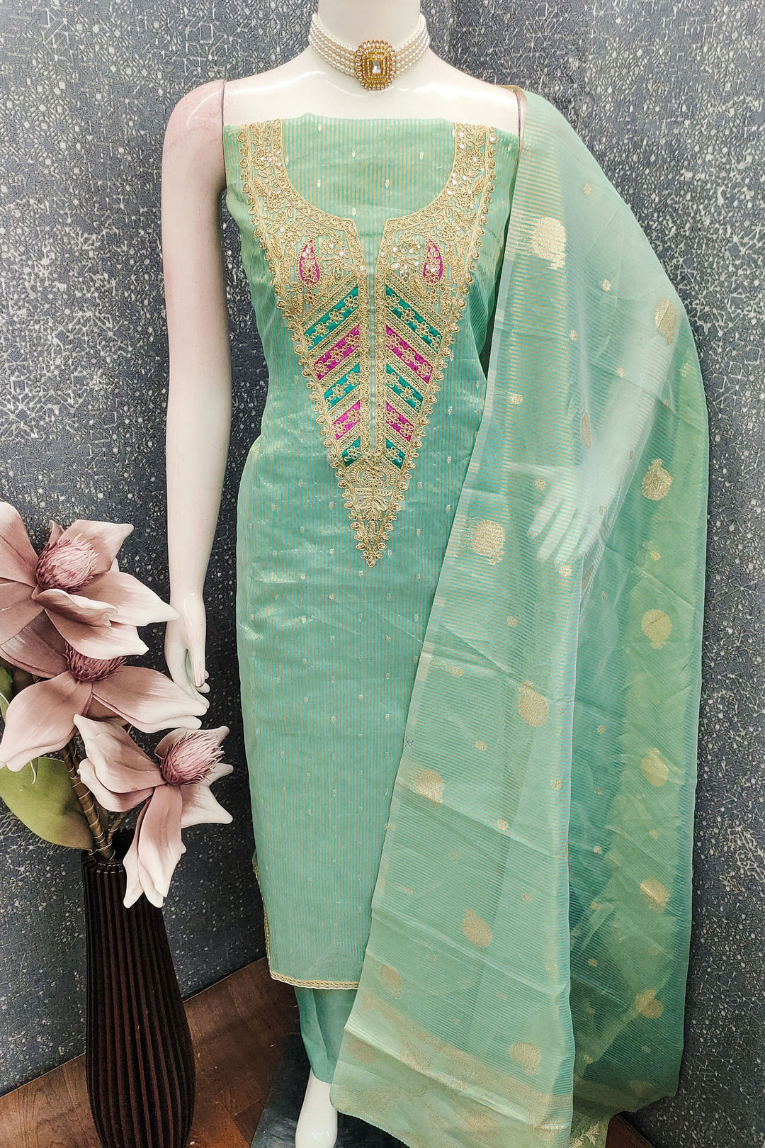 Jacquard Fabric Green Color Attractive Embroidered Salwar Suit