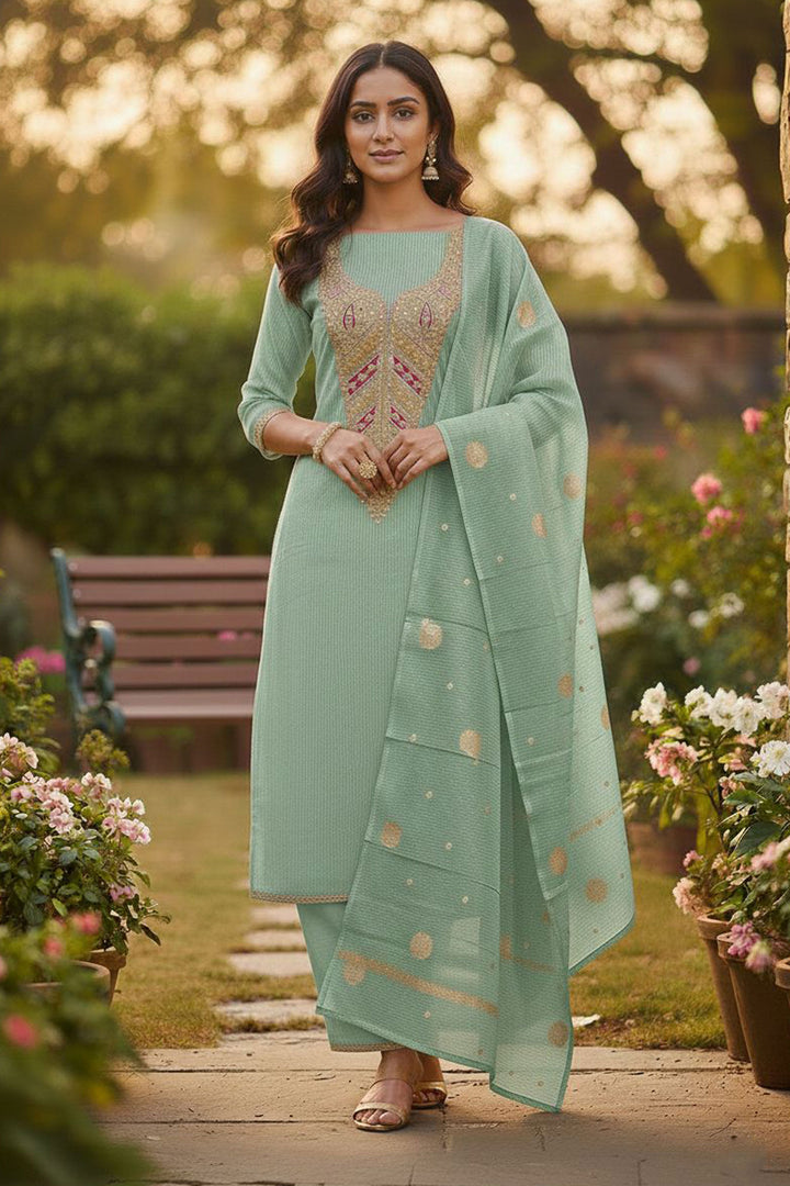 Jacquard Fabric Green Color Attractive Embroidered Salwar Suit
