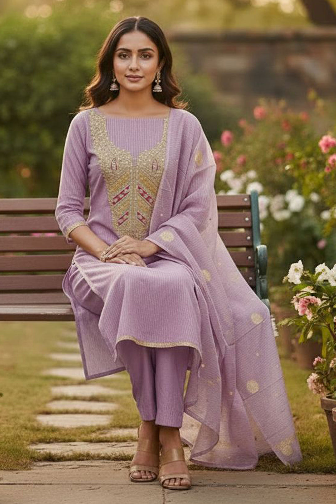 Lavender Color Jacquard Fabric Beautiful Embroidered Salwar Suit