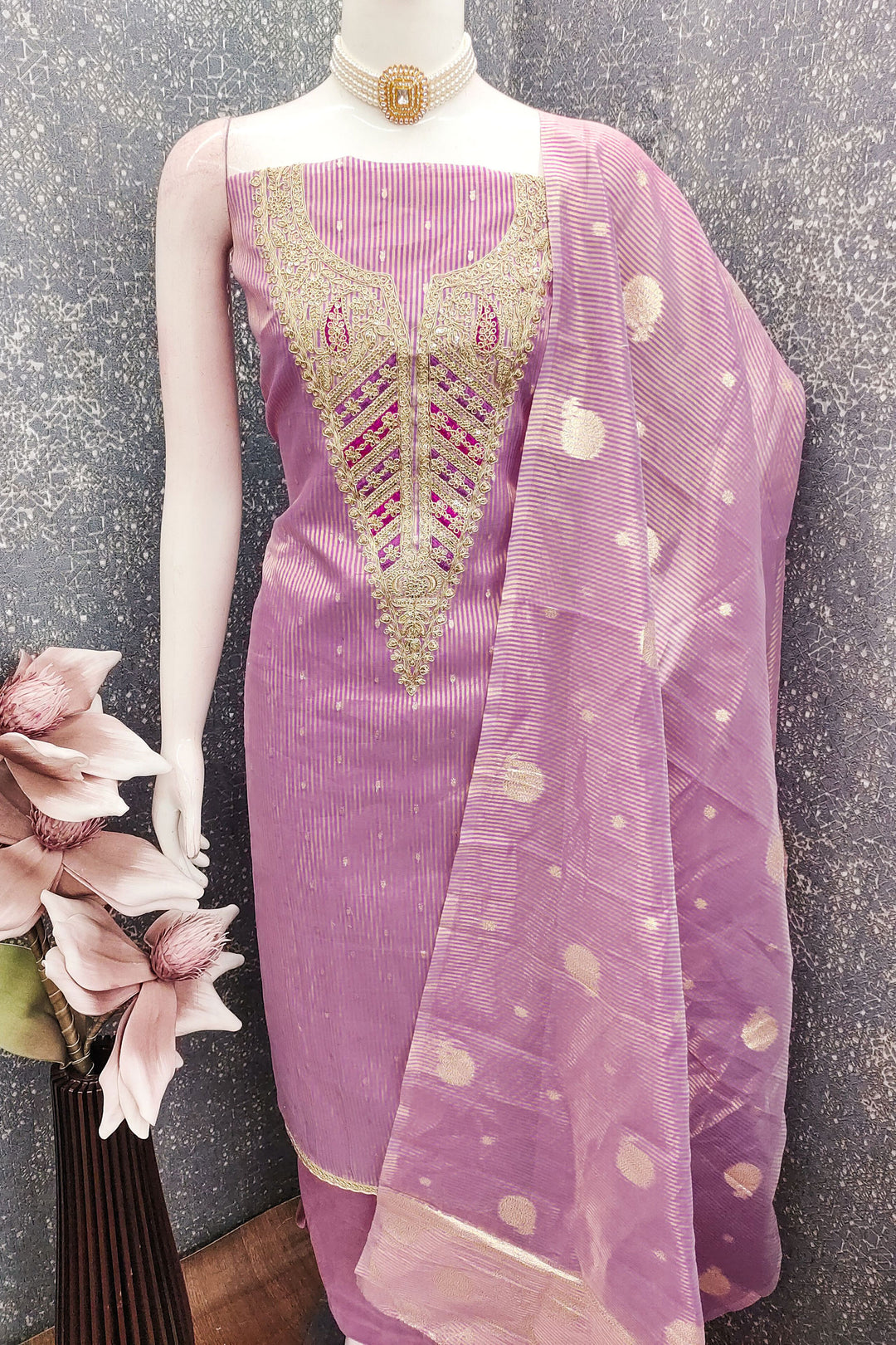 Lavender Color Jacquard Fabric Beautiful Embroidered Salwar Suit