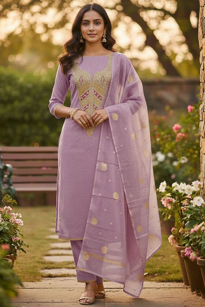 Lavender Color Jacquard Fabric Beautiful Embroidered Salwar Suit