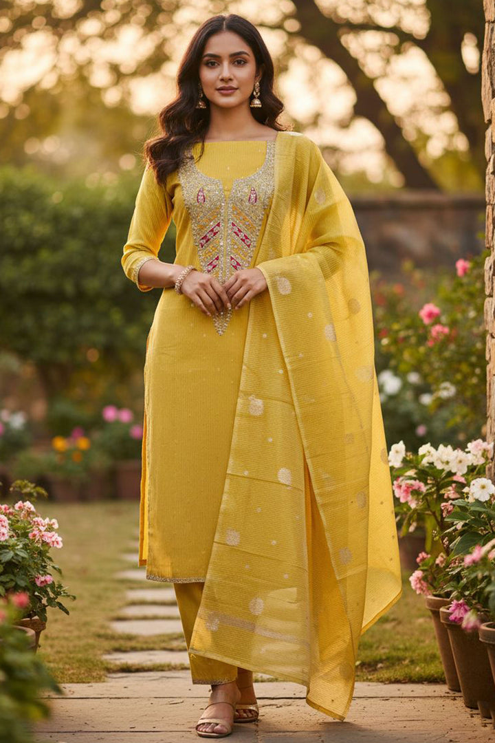 Yellow Color Jacquard Fabric Glorious Embroidered Salwar Suit