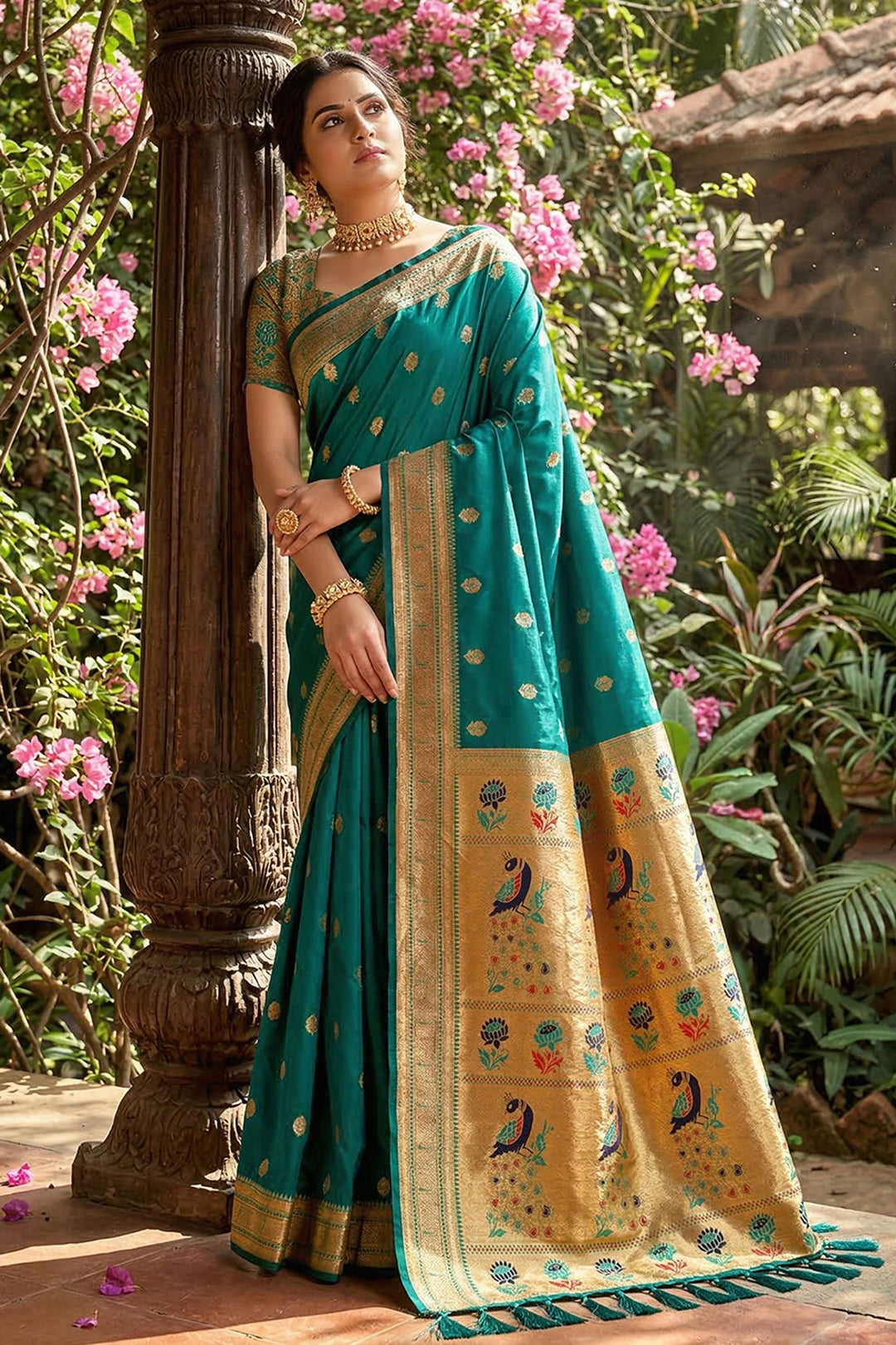 Teal Color Art Silk Fabric Engaging Saree | Buy Online India