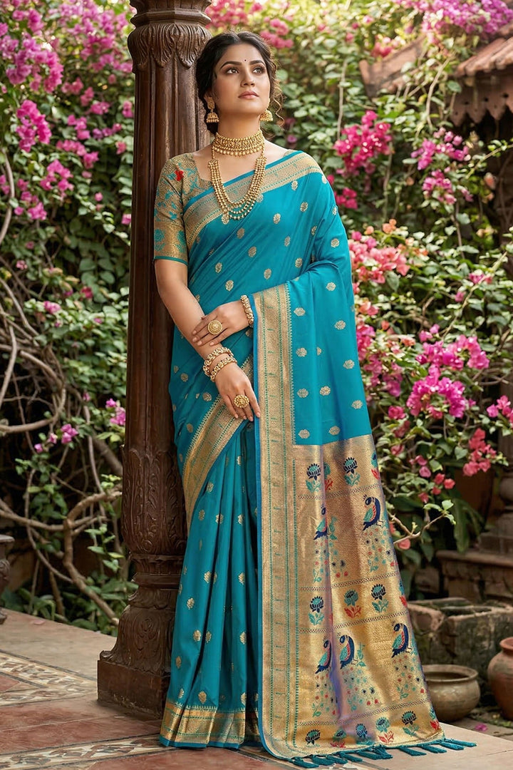 Cyan Color Art Silk Fabric Stunning Saree | Buy Online India