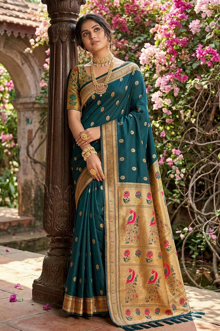 Tempting Art Silk Fabric Dark Teal Color Saree | Buy Online India