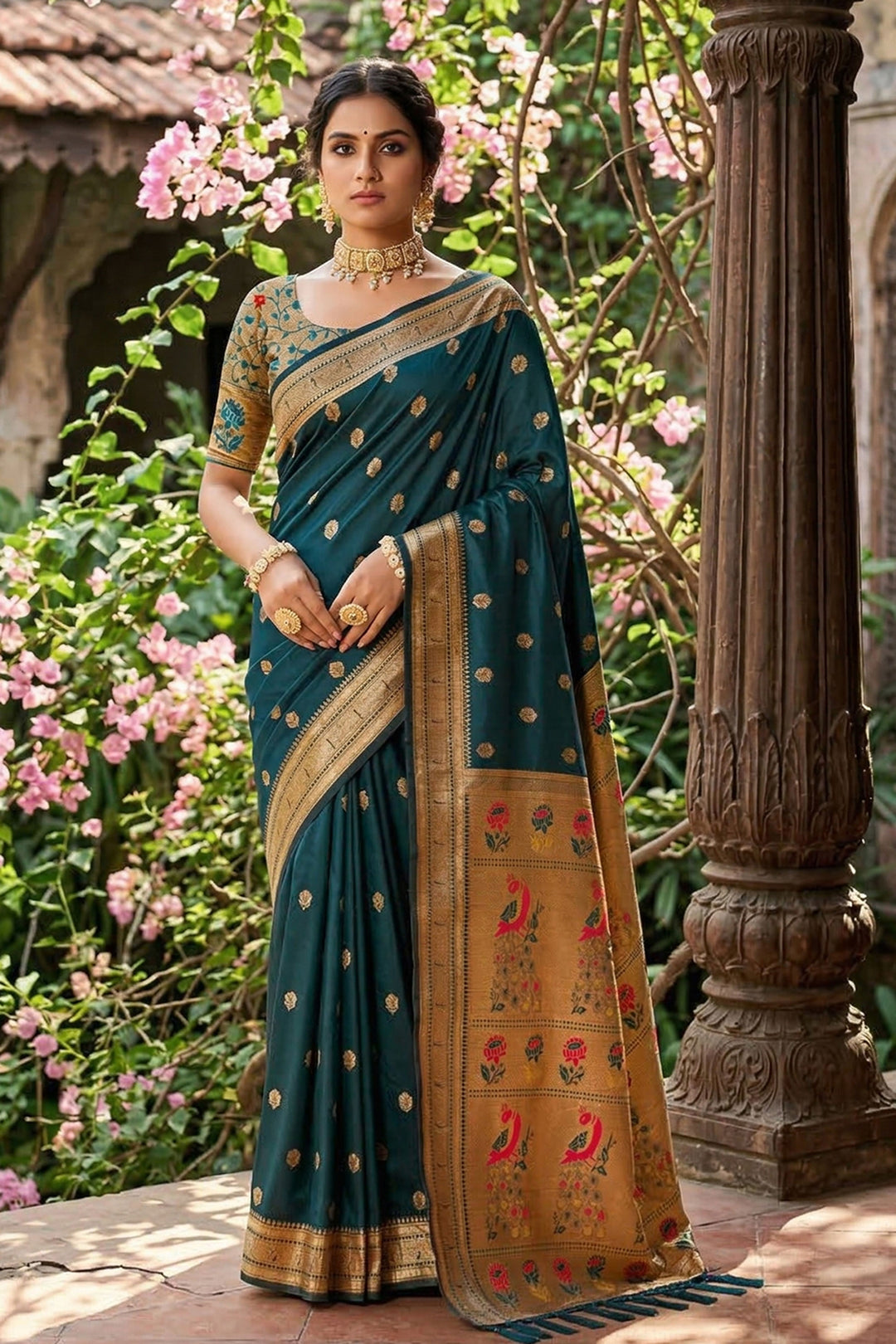 Tempting Art Silk Fabric Dark Teal Color Saree | Buy Online India