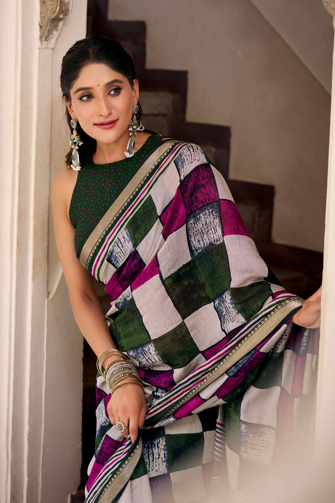 Beautiful Viscose Fabric Printed Saree In Green Color | Buy Online India