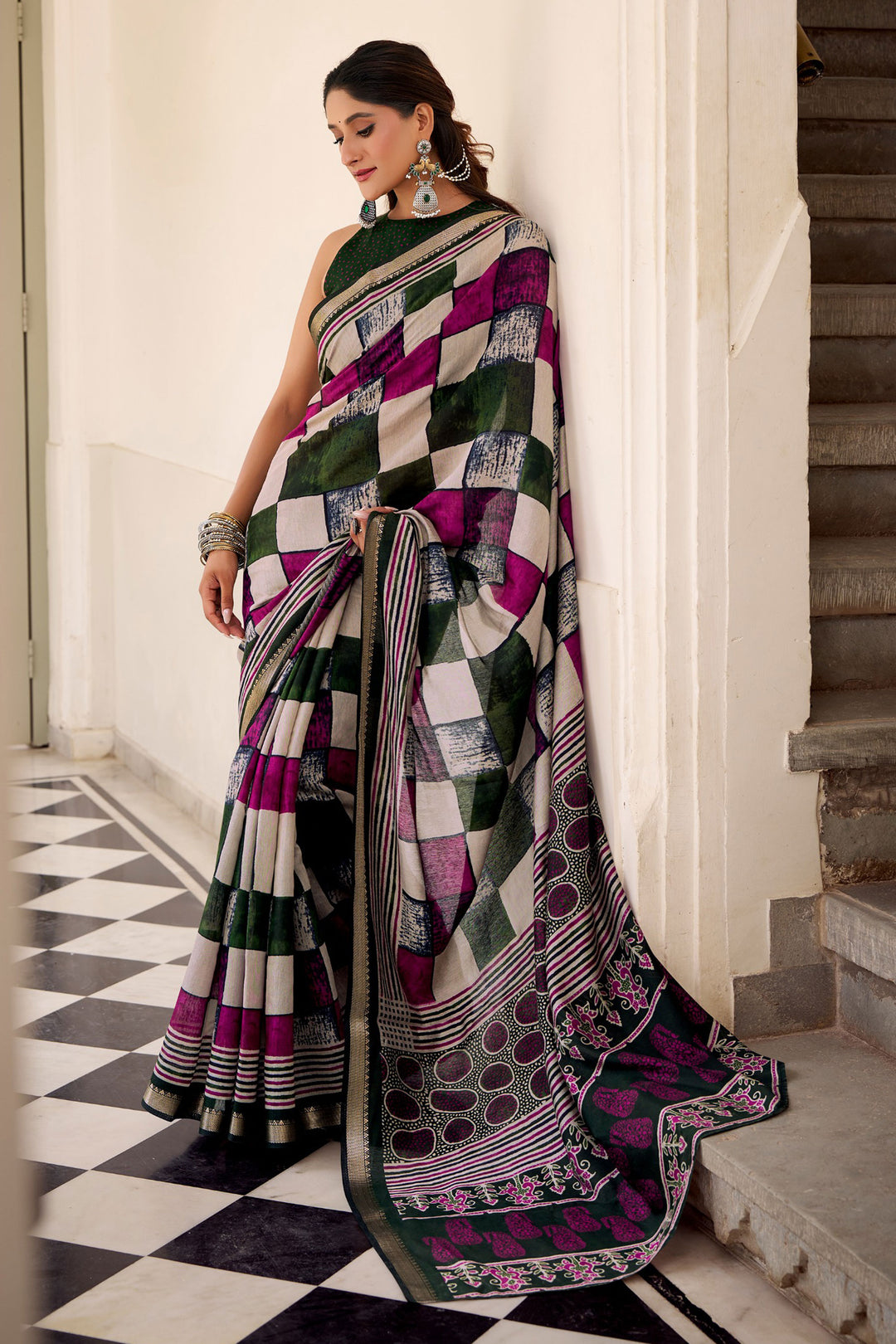 Beautiful Viscose Fabric Printed Saree In Green Color | Buy Online India