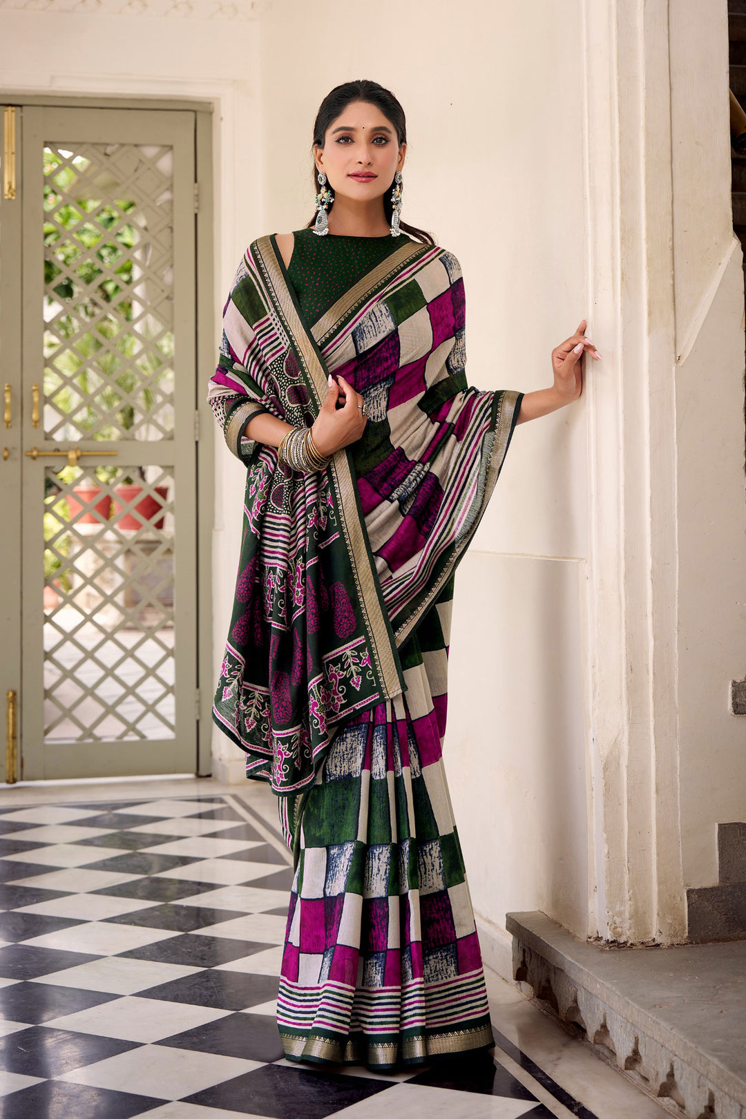 Beautiful Viscose Fabric Printed Saree In Green Color | Buy Online India