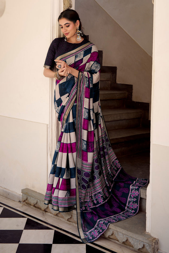 Navy Blue Color Fantastic Viscose Fabric Printed Saree | Buy Online India