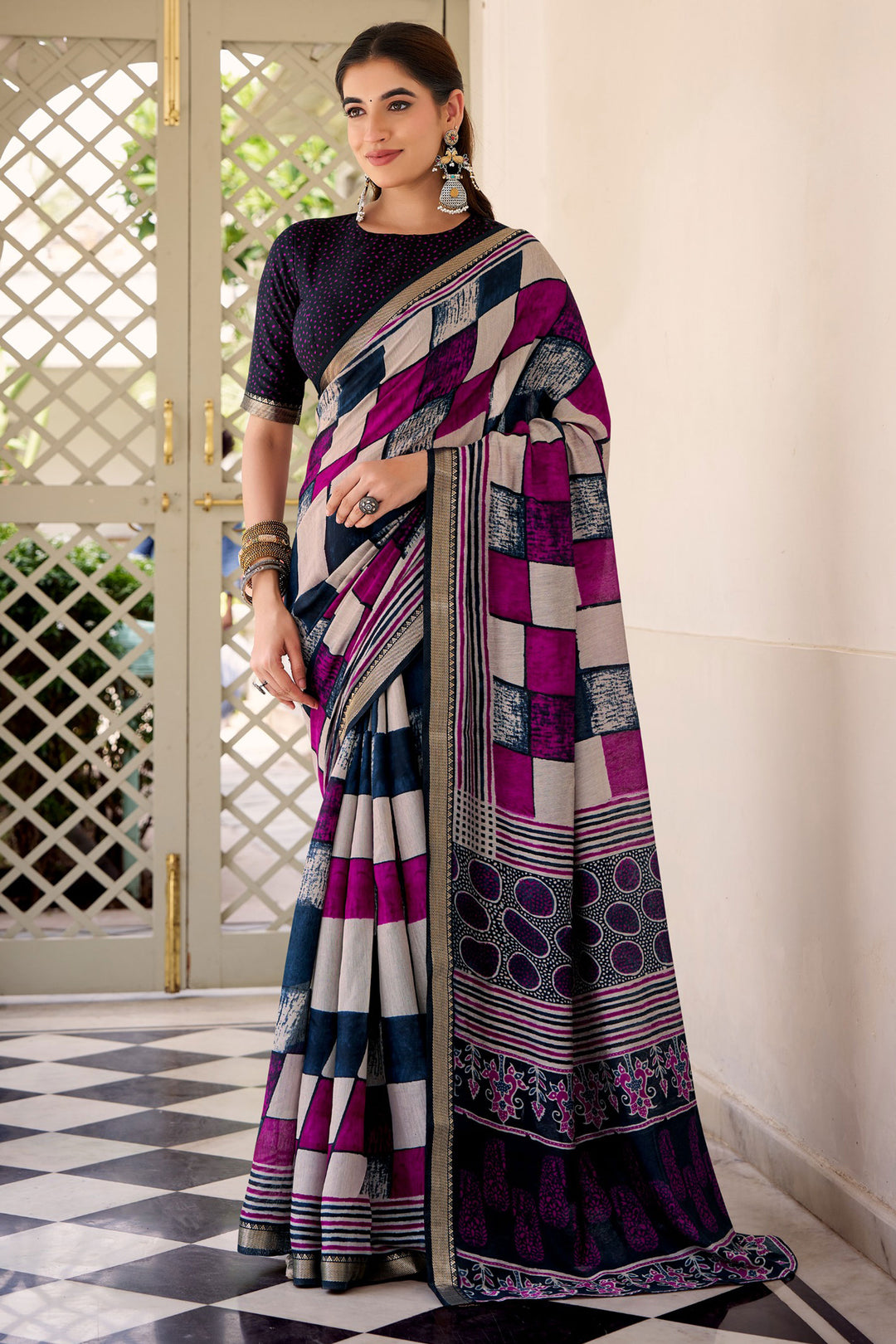 Navy Blue Color Fantastic Viscose Fabric Printed Saree | Buy Online India