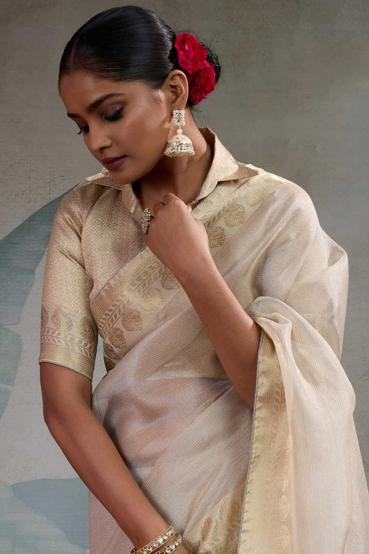 Weaving Work Cream Color Tissue Silk Saree