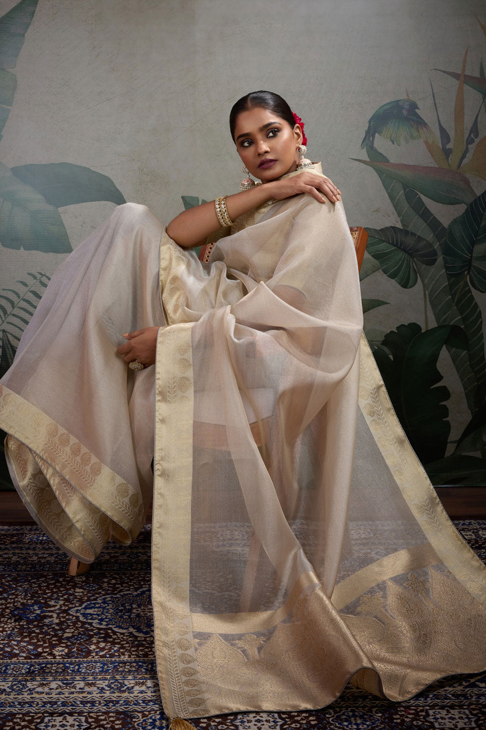 Weaving Work Cream Color Tissue Silk Saree