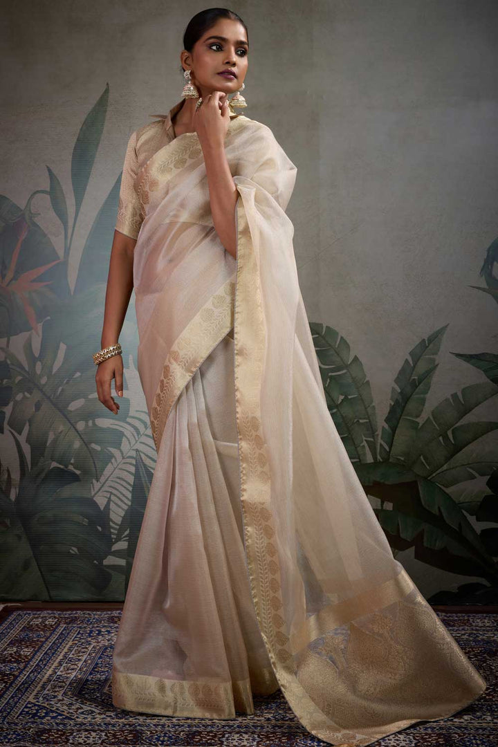 Weaving Work Cream Color Tissue Silk Saree