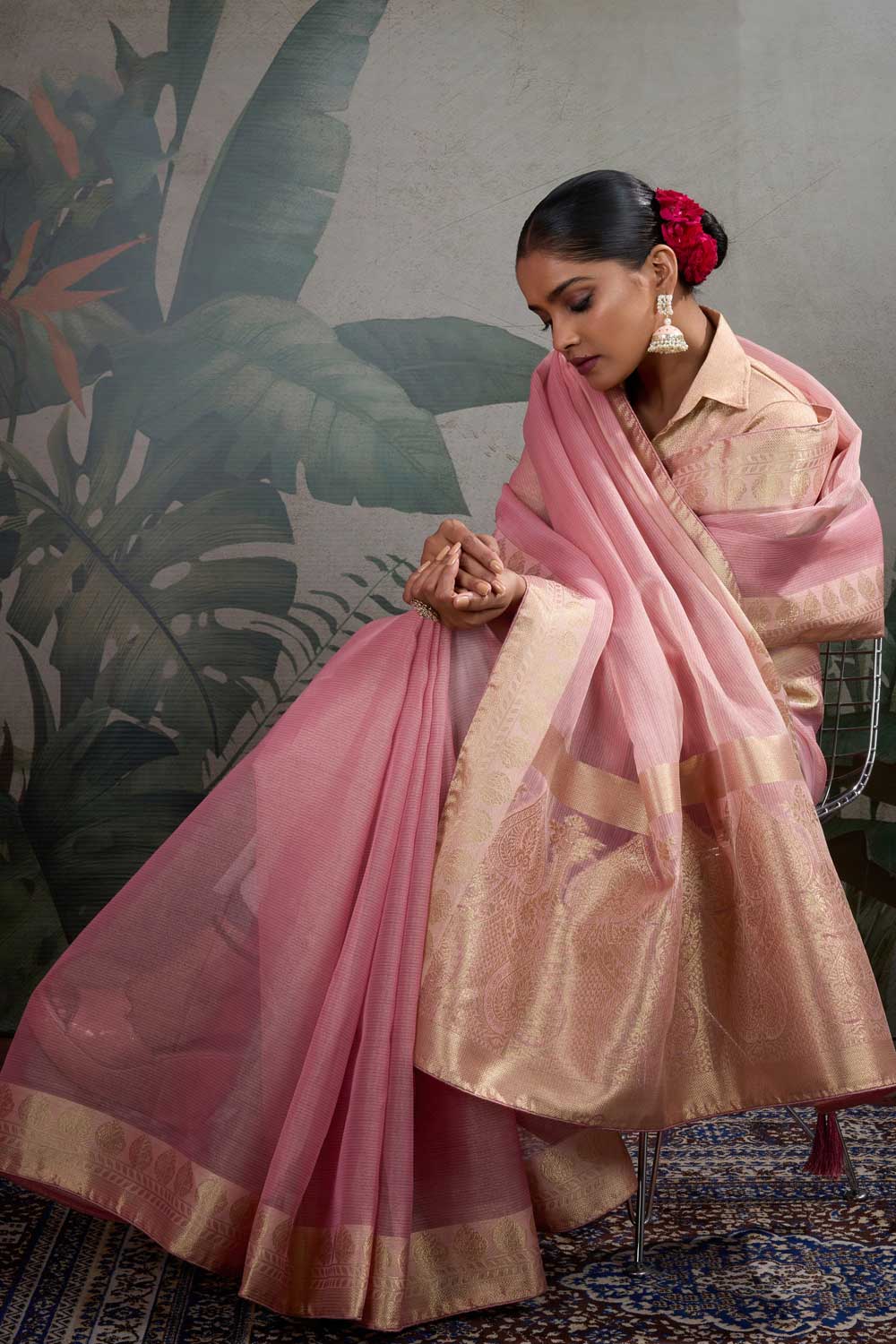 Weaving Work Tissue Silk Saree In Pink Color