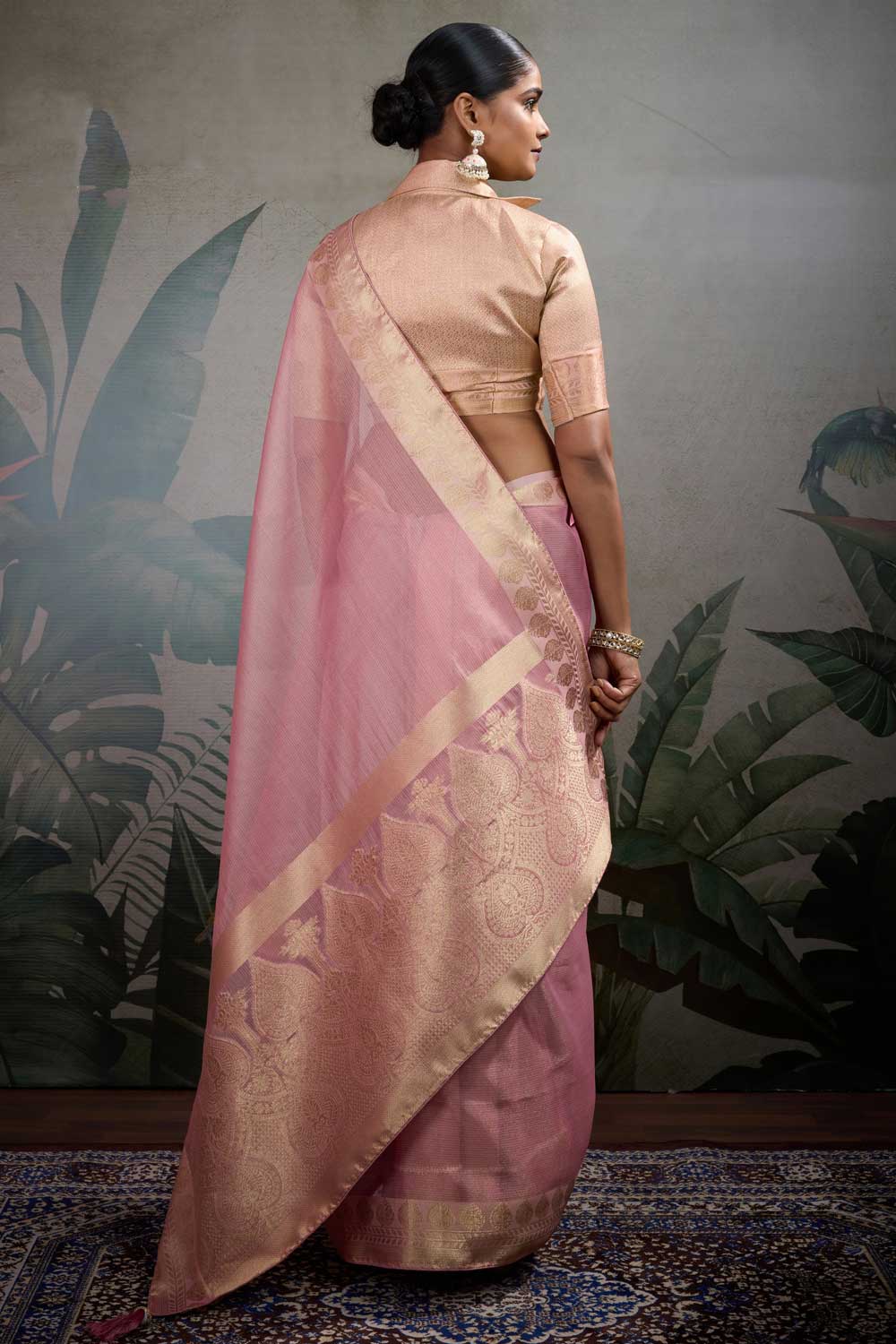 Weaving Work Tissue Silk Saree In Pink Color