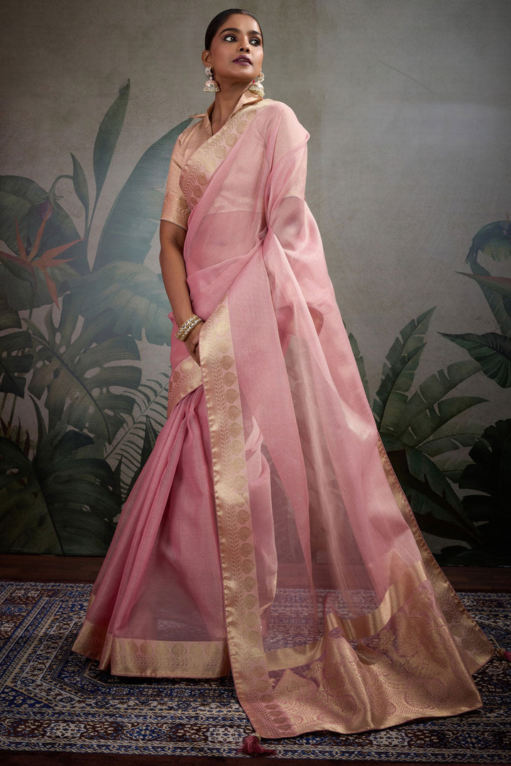 Weaving Work Tissue Silk Saree In Pink Color