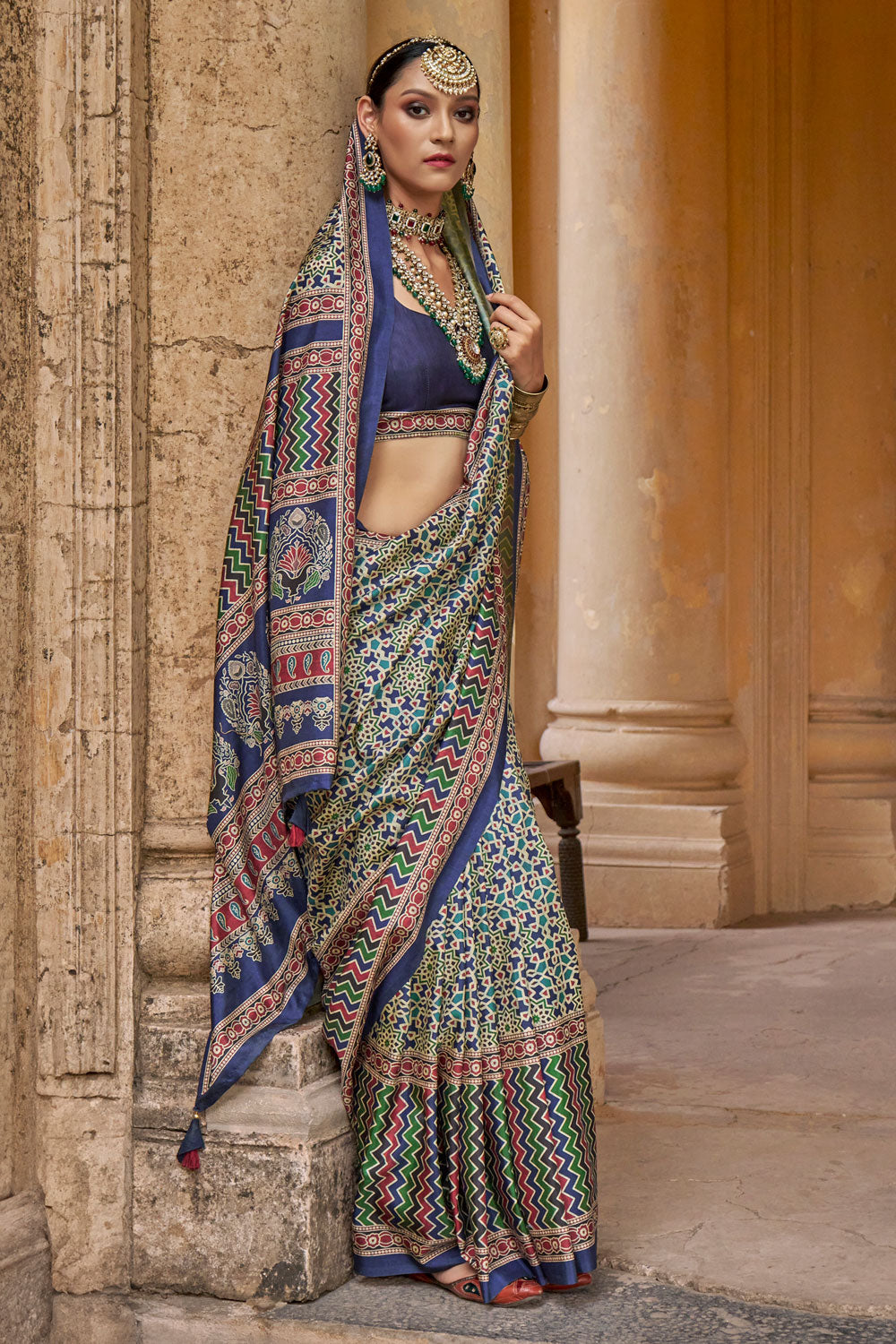Multi Color Gorgeous Art Silk Saree With Ajrakh Print Work | Buy Online India