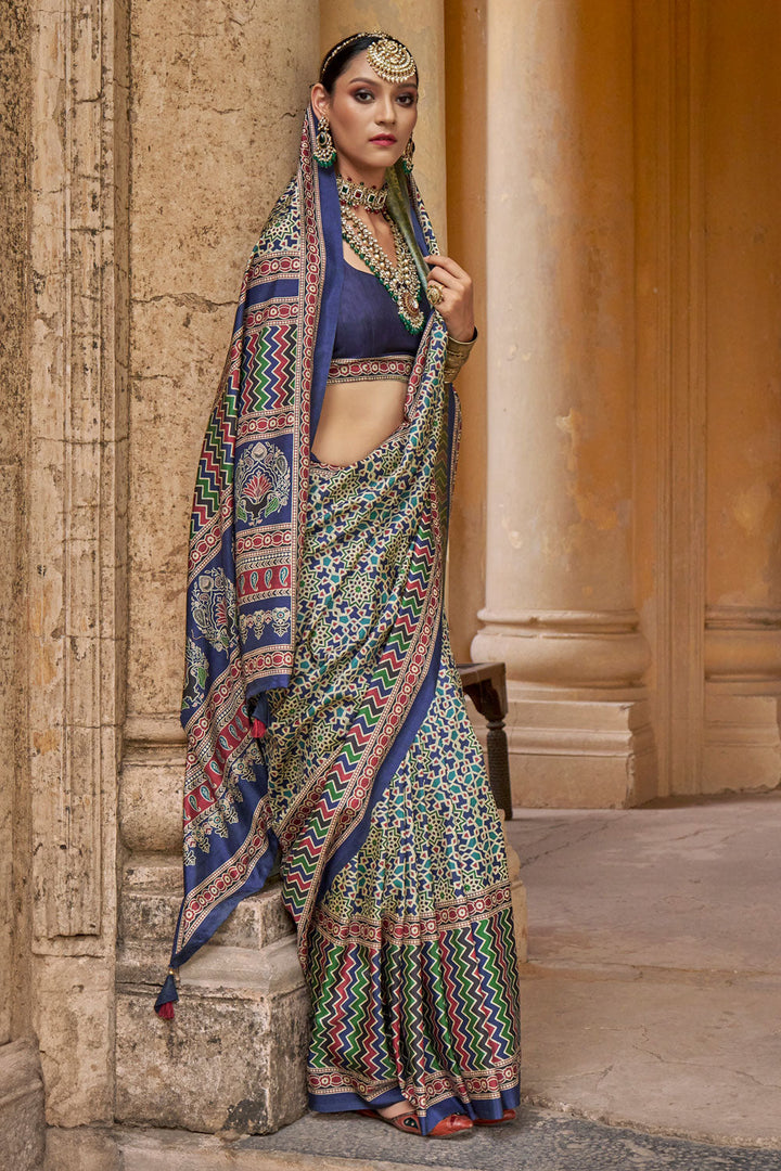 Multi Color Gorgeous Art Silk Saree With Ajrakh Print Work | Buy Online India