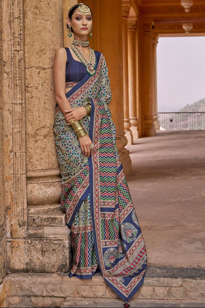 Multi Color Gorgeous Art Silk Saree With Ajrakh Print Work | Buy Online India