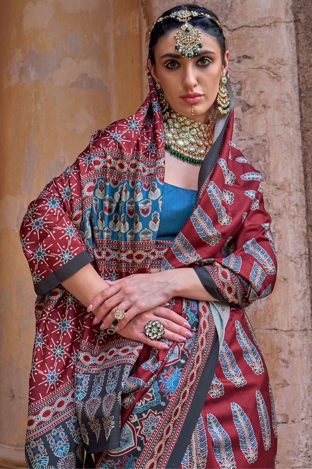Maroon Color Glorious Art Silk Saree With Ajrakh Print Work | Buy Online India