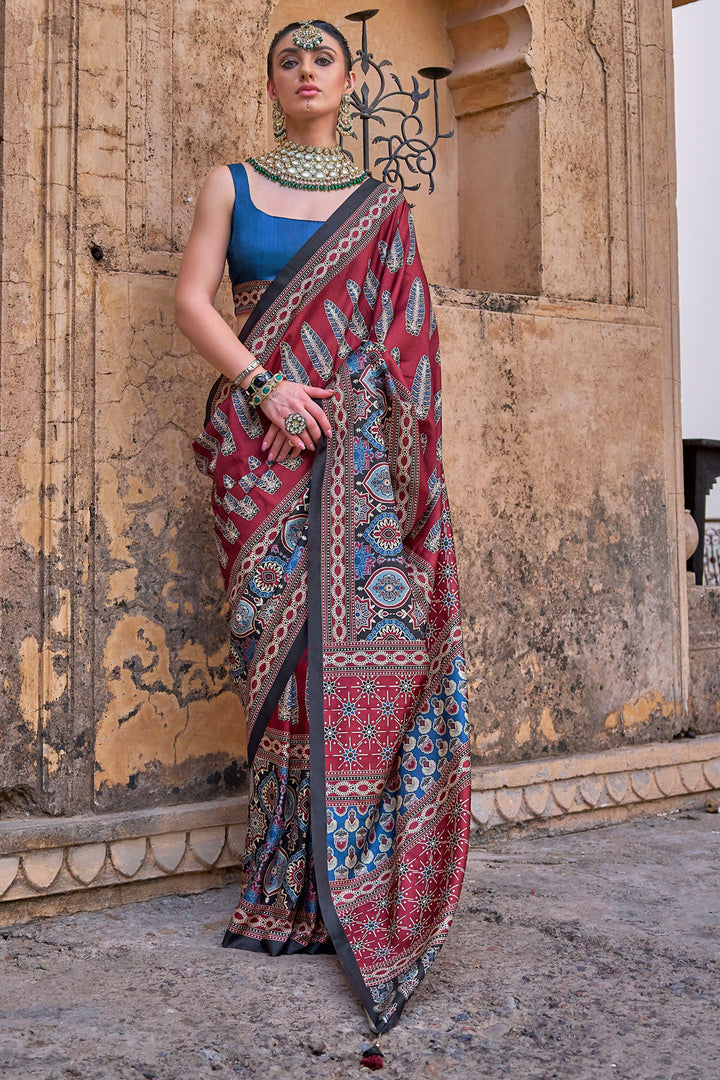 Maroon Color Glorious Art Silk Saree With Ajrakh Print Work | Buy Online India