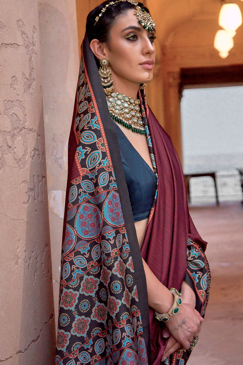 Brown Color Ajrakh Print Work Glamorous Art Silk Saree | Buy Online India