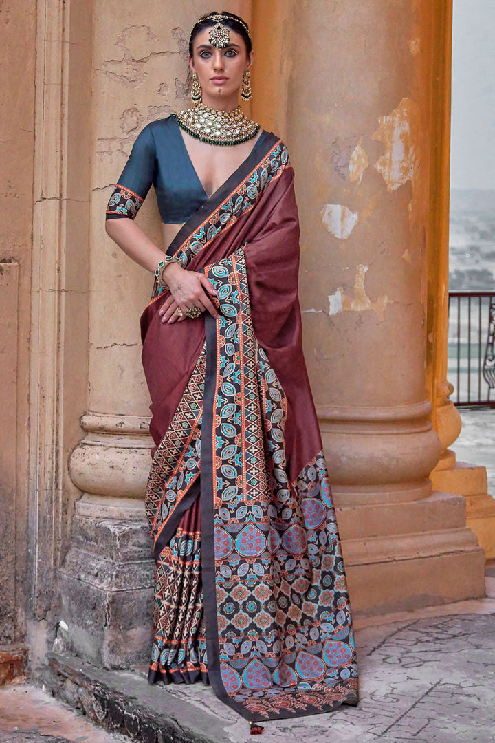 Brown Color Ajrakh Print Work Glamorous Art Silk Saree | Buy Online India
