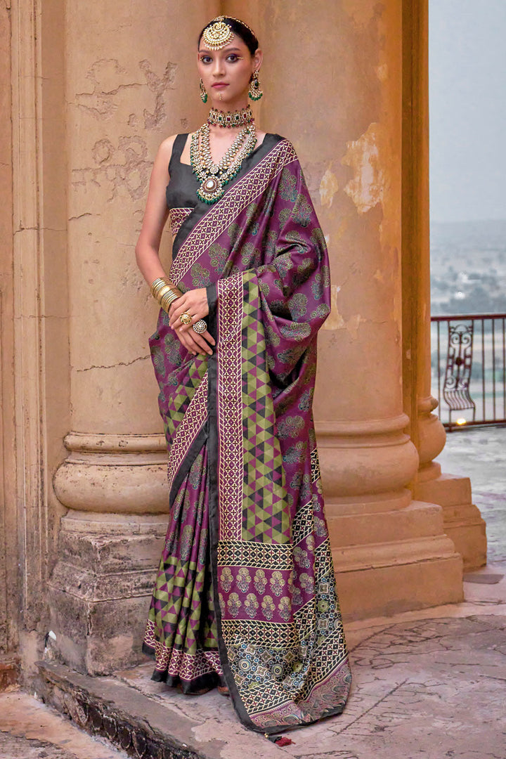 Magenta Color Exquisite Ajrakh Print Work Art Silk Saree