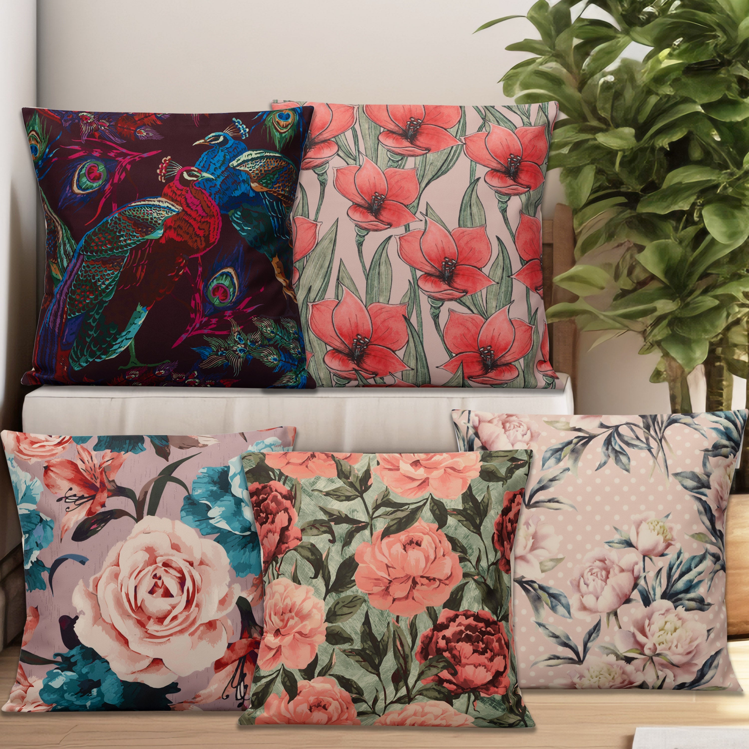 Floweret Cushion Cover Set Of 5 16"X16"