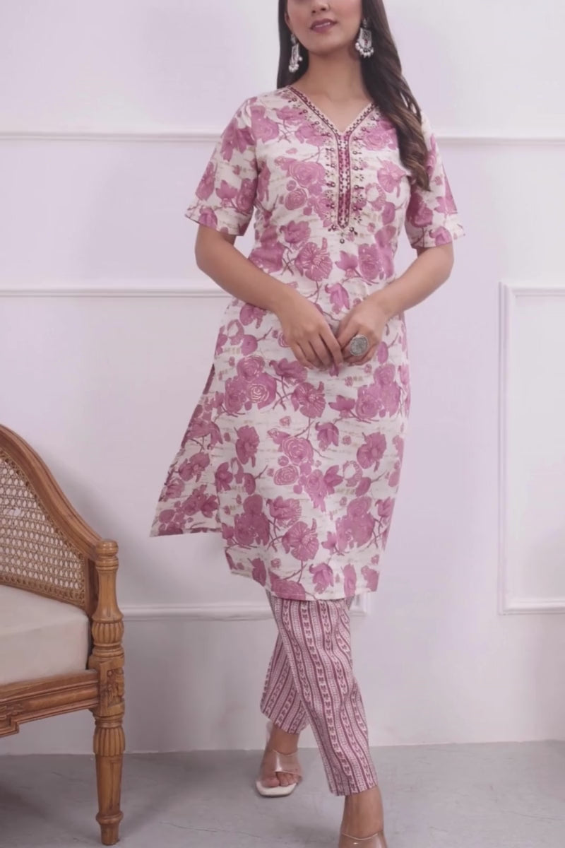 Engaging Pink Color Chanderi Fabric Kurti With Bottom