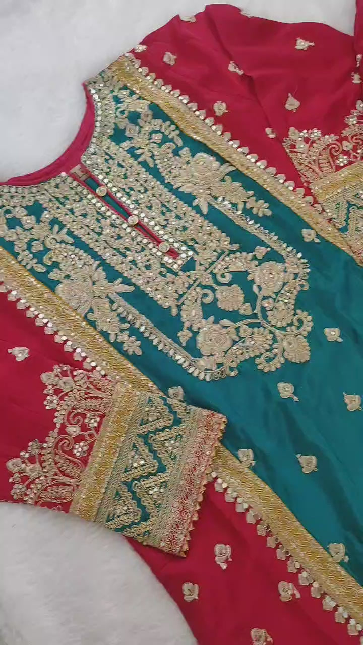 Cyan Color Embroidered Readymade Punjabi Style Palazzo Suit In Chinon Fabric