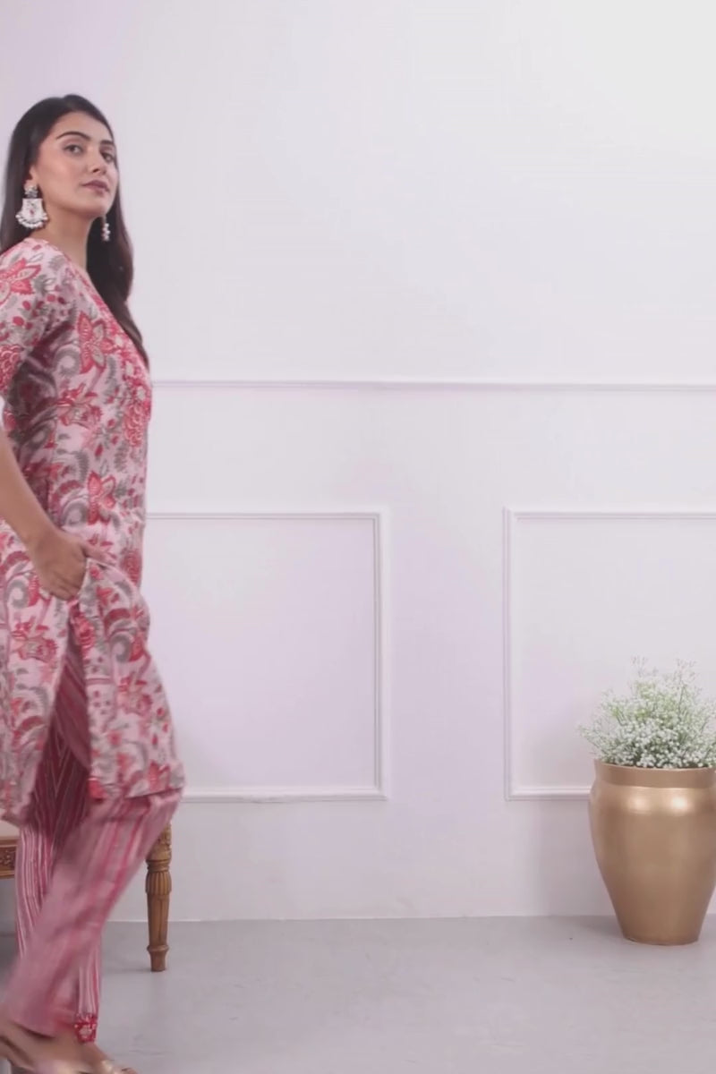 Trendy Kurti With Bottom In Red Color Chanderi Fabric